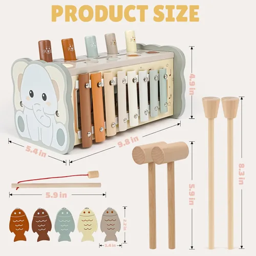 Miniatura 7 de Joyreal Juguetes Montessori de madera para niños de 1 año – Juguete martillador con xilófono y juego de pesca – Actividades educativas para niños