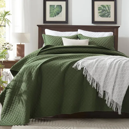 Miniatura 5 de SunStyle Home Colchas Tamaño Queen Verde Oliva, Cubrecamas Edredón Ligero, Juego de Ropa de Cama Tamaño Full Queen, Colcha Coverlet con Costuras 01
