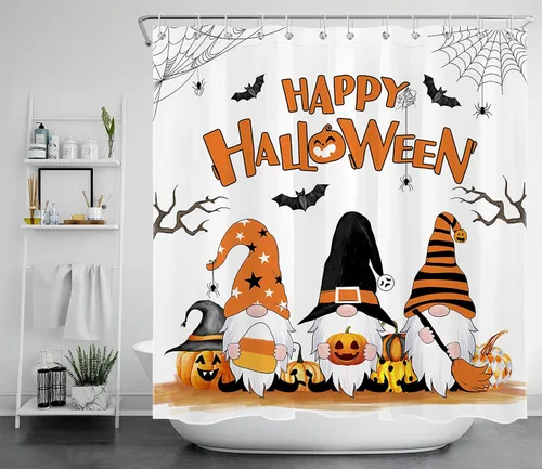HVEST Cortina de ducha de Halloween, linterna de calabaza y gnomo, cortina de ducha de baño, cortina de ducha de murciélago y araña, decorativa,