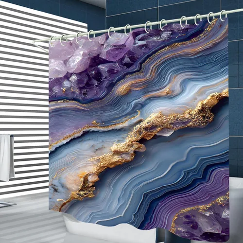 Miniatura 3 de Juego de cortinas de ducha de lámina dorada de ágata amatista (con 12 ganchos blancos en C), cortina de baño de tela de geoda impermeable