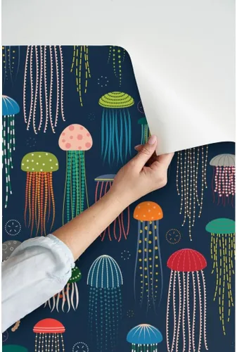 Miniatura 3 de Muestras de papel tapiz para despegar y pegar, medusas brillantes y modernas, animales coloridos océanos, natación, criaturas marinas, decoración