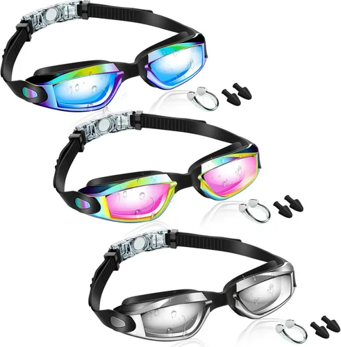 Flutesan Paquete de 3 gafas de natación sin fugas, de silicona, antivaho con clip para la nariz, tapones para los oídos para adultos y niños, 3