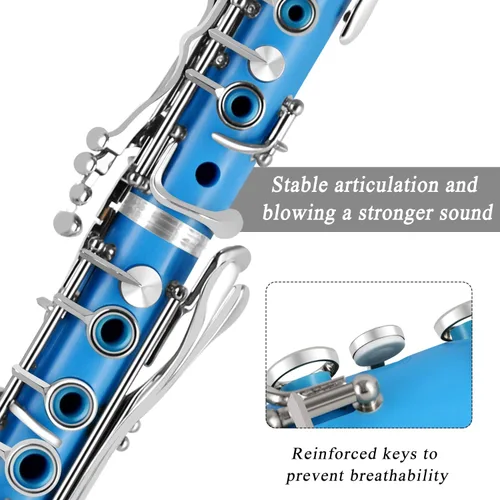 Miniatura 2 de Clarinete BB para estudiantes principiantes Clarinete plano B Clarinete de 17 teclas con correa de soporte de estuche, 2 barriles, 8 boquillas, Azul