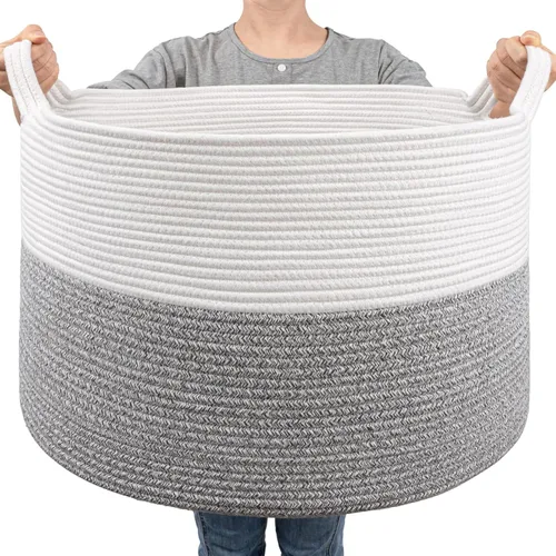 Miniatura 12 de Goodpick Cesta de manta de 65 litros, 19.7 x 12.6 pulgadas, cesta de cuerda de algodón, para sala de estar, organizadores de juguetes