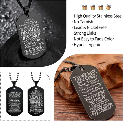 Miniatura 4 de CaleesLLC Collar militar negro con texto en inglés To My Son I Want You To Believe, juego de 2 unidades, Metal