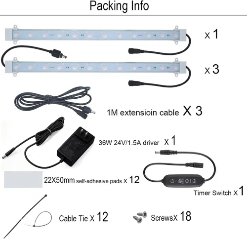 Miniatura 3 de Litever Kit de tira de luz de cultivo de 36 W con temporizador, 4 tiras de luz LED de 16 pulgadas con cables de extensión, accesorios de montaje