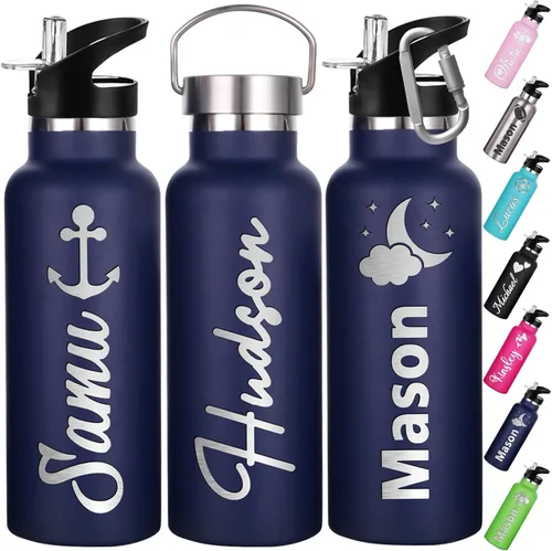 Miniatura 13 de Botellas de agua personalizadas con tapa de popote de 12/26 onzas con nombre grabado, logotipo, botella aislada personalizada, botellas de agua