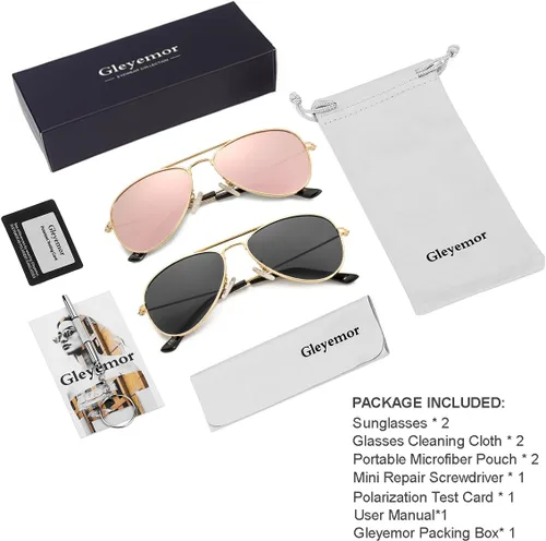 Miniatura 87 de Gleyemor Lentes de sol polarizados estilo aviador para niños y niñas, jóvenes, adolescentes, dos tamaños de 1.969 in y 2.047 in