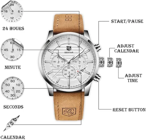 Miniatura 3 de BENYAR - Reloj de cuarzo impermeable con cronógrafo de cuarzo para hombre y negocios, Cronógrafo, movimiento de cuarzo