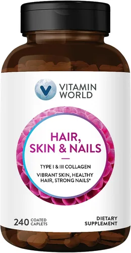 Vitamin World Cápsulas de Fórmula 240 para cabello, piel y uñas, colágeno tipo I y III, 3000mcg de biotina, antioxidante, recubierto, sin gluten