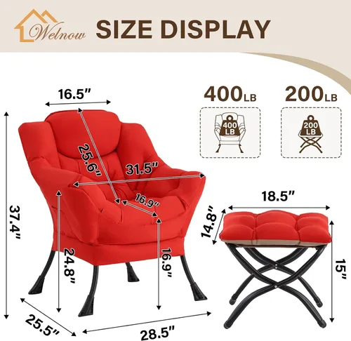 Miniatura 3 de Welnow - Silla perezosa con otomana, moderna silla de descanso con reposabrazos y bolsillo lateral, juego de sillón tapizado de ocio, sillón de Rojo