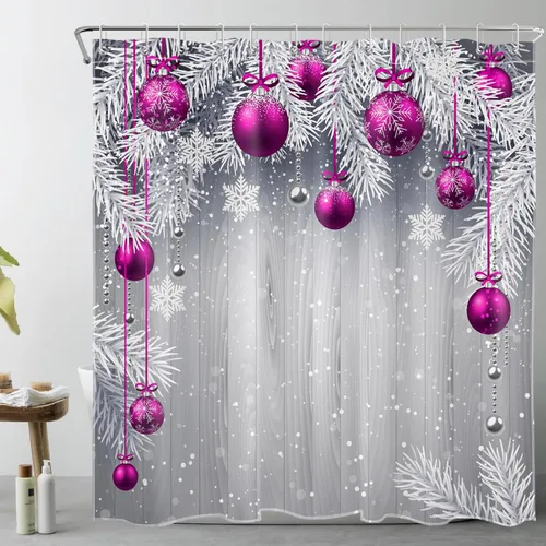 Miniatura 13 de LB Pink Christmas Shower Curtain Sets with Rugs Snowflake and Fir Twigs with Xmas Ball on Rustic Grey Wood Fabric Shower Curtain with Hooks Winter