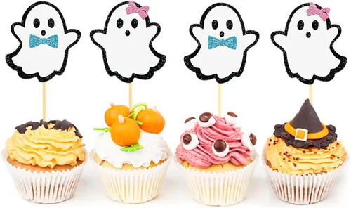 Miniatura 4 de 24 piezas de adornos de Halloween para cupcakes fantasmas, palillos de revelación de género para niños y niñas, adornos para tartas rosas y azules