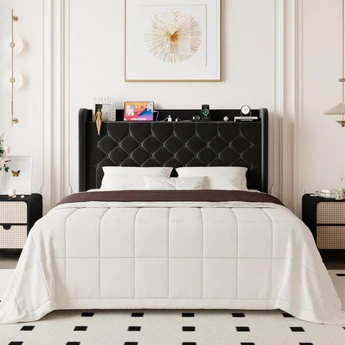 Miniatura 12 de Allewie - Base de cama tamaño King, cabecero con almacenamiento y estación de carga, tapizado en terciopelo, botones cosidos en forma de diamante