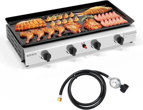 Miniatura 8 de ROVSUN Parrilla de propano portátil de 4 quemadores con encendido electrónico, 40,000 BTU parrilla de gas con bandeja esmaltada antiadherente