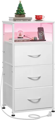 Miniatura 10 de WLIVE Mesita de noche con estación de carga, mesita de noche de 31.9" de altura con 3 cajones de tela, mesa de noche con LED con puertos USB