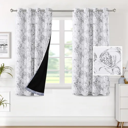 H.VERSAILTEX Cortinas 100% de opacidad para sala de estar, cortinas opacas florales de camelia de 54 pulgadas de largo, cortinas de tratamiento de