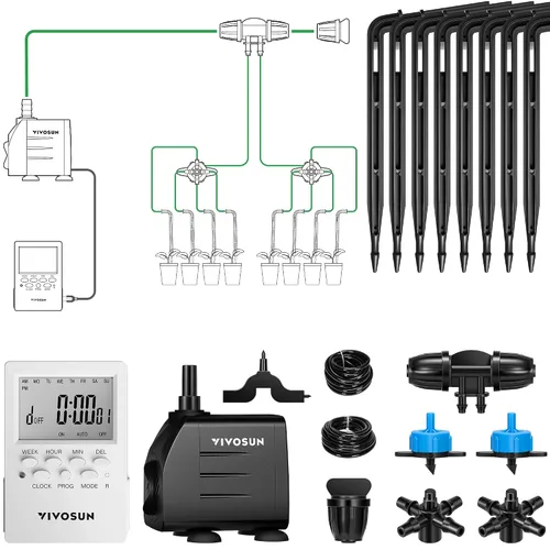 VIVOSUN Kits de riego por goteo automático profesional, salida de 15 W, kit de cultivo profesional todo en uno, incluye bomba, temporizador y