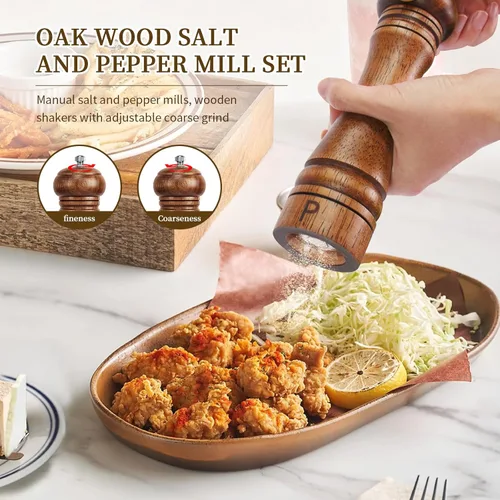 Miniatura 2 de Juego de molinillos de sal y pimienta de madera, molinos de sal y pimienta recargables ajustables para grosor, hechos de madera de roble maciza