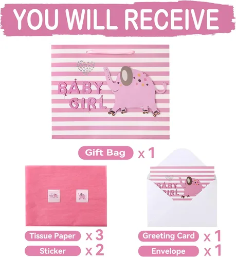 Miniatura 3 de wishinside Juego de bolsa de regalo rosa grande de 13 pulgadas con tarjeta de felicitación y papel de seda (elefante 3D) para bebé, baby shower
