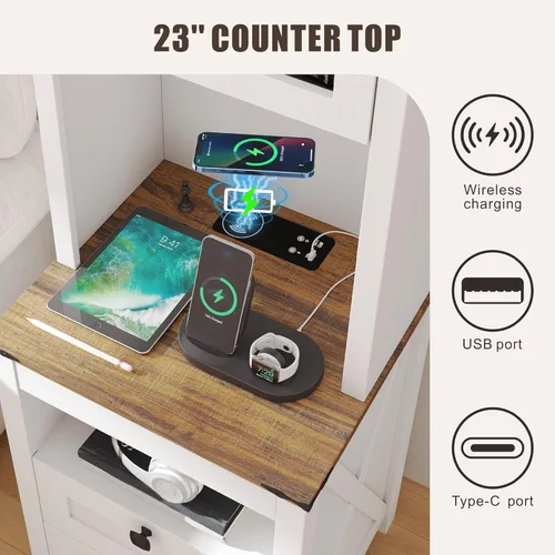 Miniatura 6 de HWB Mesita de noche alta con estación de carga y luces LED, mesita de noche de estilo granja con cajón para armas y estante ajustable, mesa de noche