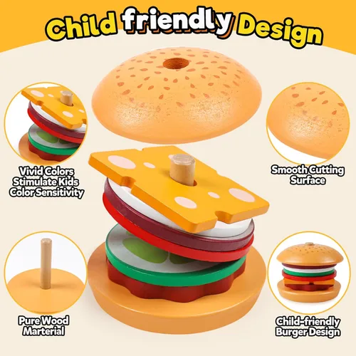 Miniatura 4 de Kizh Juguete apilable de madera para clasificar hamburguesas para niños pequeños, juguetes educativos Montessori de motricidad fina para niños