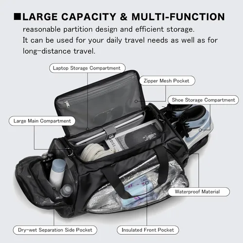 Miniatura 5 de Bolsa de viaje 40L, bolsa de gimnasio grande 4 en 1 con zapatos y ropa húmeda y compartimentos para laptop, color negro, Negro -, Bolsa de viaje