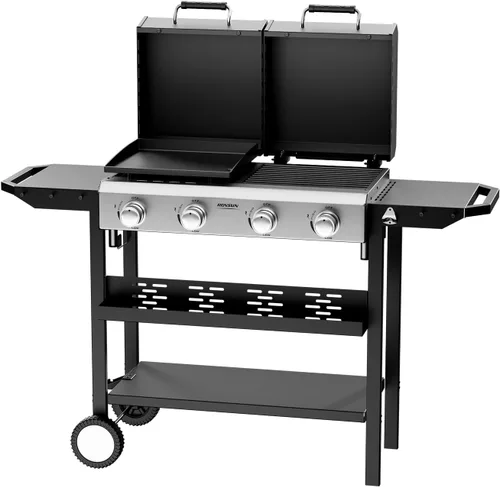 Miniatura 11 de Bonnlo Plancha de Propano de 20000BTU con Tapa e Ignición, Parrilla de Gas de Superficie Plana de Pie con Ruedas Rodantes Portátiles y Estante