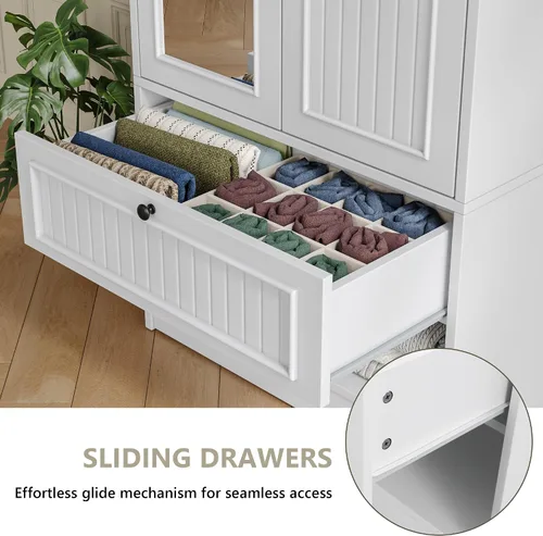 Miniatura 4 de iPormis Armario de madera con puerta de espejo y cajón, armario para recámara con 2 puertas para colgar ropa, color blanco