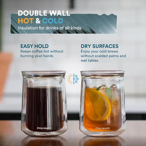 Miniatura 5 de ovalware Vaso de vidrio aislado de doble pared con un solo labio, juego de 4 (12 onzas / 350ml), vidrio de borosilicato para café, té, whisky