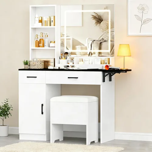 Miniatura 12 de KAMABOKO Escritorio de tocador con luz y espejo, mesa de maquillaje blanca con cajones y estación de carga, 3 modos ajustables para dormitorio y 042
