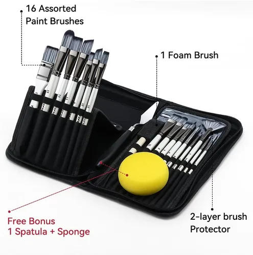 Miniatura 2 de Transon Kit de 20 pinceles de pintura artística con estuche de almacenamiento, 16 pinceles + espátula de esponja para aceite acrílico, acuarela