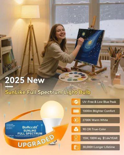 Miniatura 3 de BoRccidt SunLike - Bombilla de luz de espectro completo de 2700 K, LED cálido de 15 W = 100 W, sin parpadeo y sin rayos UV, 90+CRI y 30000 H de vida