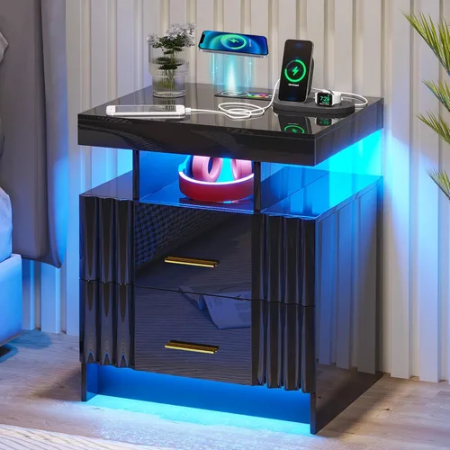 Miniatura 17 de HNEBC Mesita de noche LED, RGB blanco con estación de carga USB/inalámbrica, moderna mesita de noche con sensor automático de luces RGB, mesa blanco