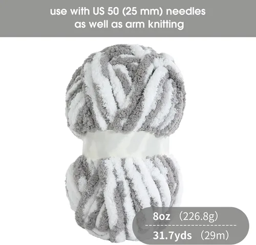 Miniatura 2 de HOMBYS Hilo Grueso de Chenilla Esponjoso para Tejer a Mano, Hilo Suave y Ligero Grueso Jumbo para Manta Gruesa, Paquete de 8, Blanco y Gris