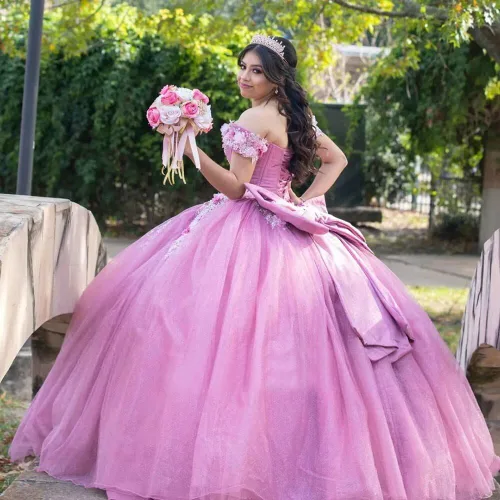 Miniatura 5 de Mauuwy Vestidos de quinceañera de tul de lujo, vestido de baile hinchado brillante dulce 16 vestidos florales fuera del hombro vestido de graduación