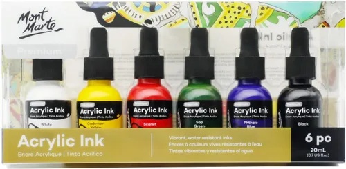 Mont Marte Tinta acrílica premium de 6 piezas x 20 ml (0,7 fl.oz. EE.UU.), tintas acrílicas para artistas, colores esenciales, ideal para aerógrafo,