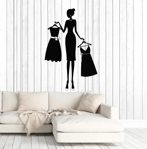 Calcomanía de vinilo para pared, silueta de estilo moderno, vestidos de mujer, tienda, calcomanías mural grande decoración (ig5060), color negro