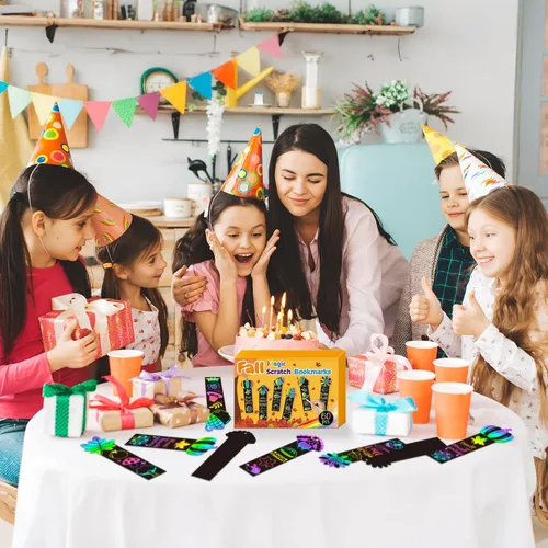 Miniatura 5 de BeYumi 60 marcapáginas de rascar de cosecha de otoño para niños, bricolaje, hoja, otoño, calabaza, pavo, arte mágico, arco iris, kit de manualidades