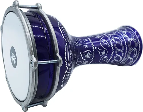 Miniatura 2 de Darbuka de aluminio de 16 '' de longitud, tambor Doumbek turco sintonizable de cabeza sintética de 8 pulgadas (grabado oscuro-azul)