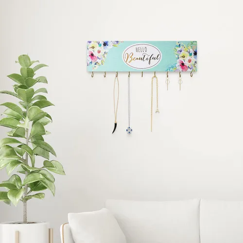 Miniatura 6 de SANY DAYO HOME Organizador de joyas montado en la pared, moderno soporte de madera con 9 ganchos de metal para collares, anillos, aretes, pulseras