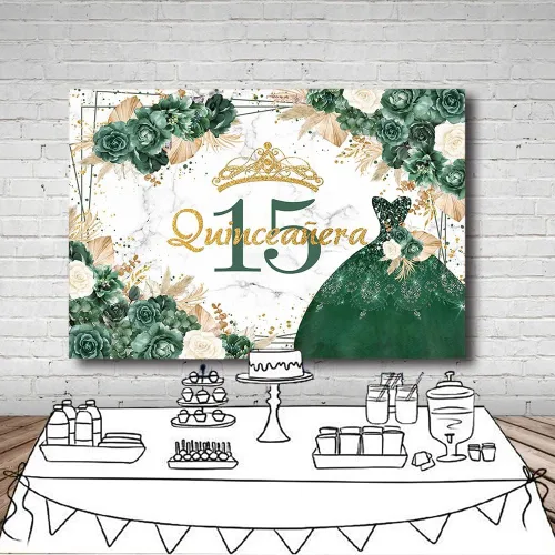 Miniatura 4 de MEHOFOND Telón de fondo bohemio floral de quinceañera de cumpleaños 15 para niñas, rosa verde, hierba de las pampas, Mis membrillo Anos, decoración