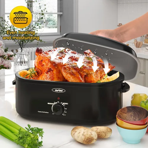 Miniatura 8 de Horno tostador eléctrico de 22 cuartos con bandeja extraíble y tapa de autohilvanado, perfecto para asar pavo con control de temperatura de 150 a