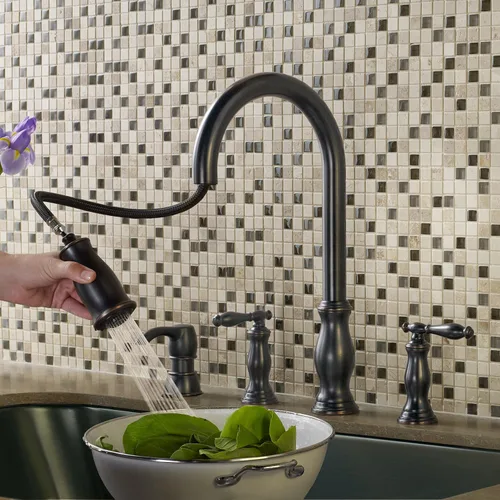 Miniatura 8 de Pfister Hanover - Grifo de cocina con rociador desplegable y dispensador de jabón, 2 mangos, 4 agujeros, arco alto, acabado en bronce toscano