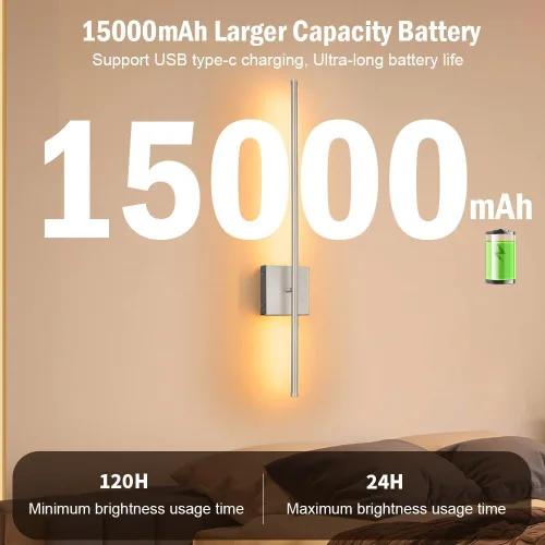 Miniatura 5 de Juego de 2 apliques de pared con pilas de 15000 mAh, apliques de pared recargables USB de níquel cepillo, apliques de pared inalámbricos regulables