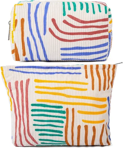 SOIDRAM 2 Piezas de Bolsa de Maquillaje a Rayas Grande, Bolsa de Cosméticos de Cordura de Gran Capacidad, Bolsa de Lona Mixta de Artículos de Rayas