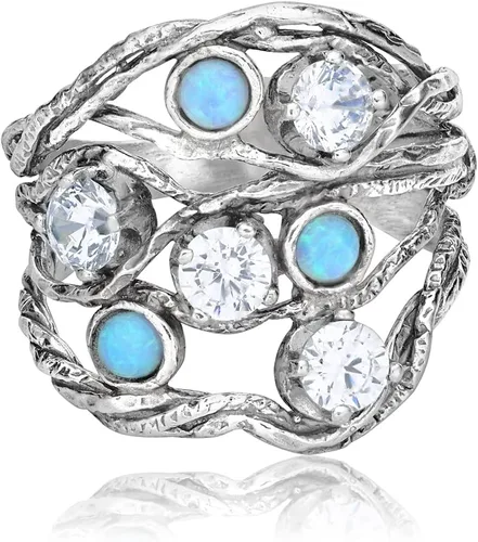 Miniatura 3 de Anillo de plata de ley 925 con 3 ópalo redondo azul y 4 circonitas cúbicas redondas blancas, aspecto vintage bohemio, hipoalergénico, sin níquel ni