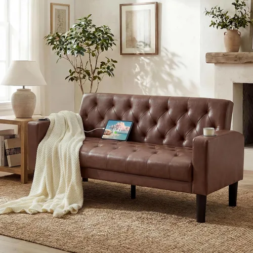 Miniatura 16 de TYBOATLE Sofá loveseat de 62" de ancho con 2 puertos de cargador USB y 2 portavasos, sofá de amor pequeño tapizado de cuero negro estilo moderno