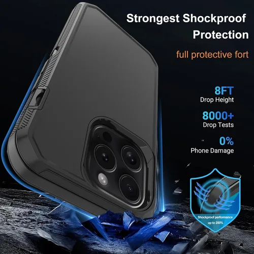 Miniatura 2 de Funda para iPhone 15 Pro Max con 2 protectores de pantalla, protección contra caídas a prueba de golpes, cuerpo completo, resistente, 3 capas, Negro