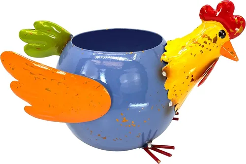 Macetero colorido de metal para gallina, suculenta, decoración de jardín para interiores y exteriores, 8 x 5 pulgadas (azul y amarillo)
